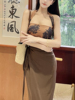 新中式法式挂脖印花露背短款抹胸吊带系带开叉半身裙气质时尚套装