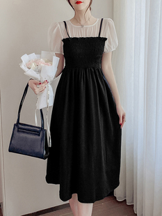 法式气质黑色雪纺连衣裙女夏季2023设计感收腰泡泡袖拼接裙子