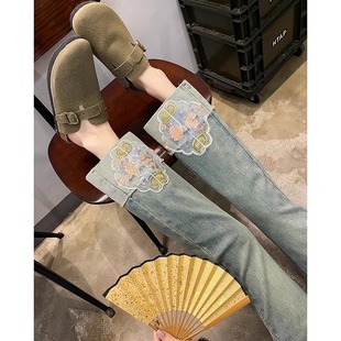 新中式国风烟管裤女2024年春装，高腰显瘦直筒牛仔裤九分小个子