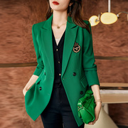 时尚洋气绿色小西服外套女秋季高端职业工作服气质双排扣西装