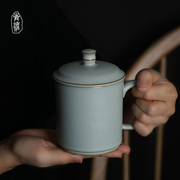 2023汝窑办公杯景德镇陶瓷杯带盖手工青瓷茶杯开片可养礼盒装家用