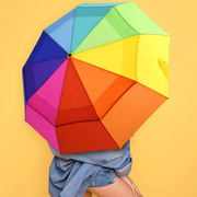 双层透气全自动彩虹伞，女士七彩折叠雨伞，三折商务伞直柄