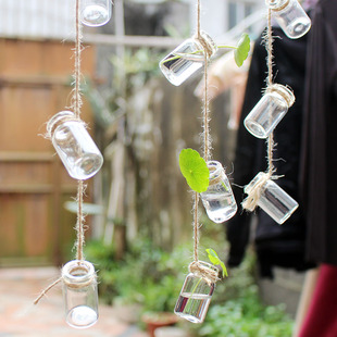 50只麻绳玻璃微型小花瓶壁挂墙花器空中吊瓶袖珍小串瓶自然角