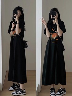 胖mm夏季纯棉，韩系黑色短袖连衣裙
