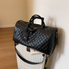 高品质柔软黑色皮革旅行包，大容量菱格单肩斜挎手提短途出差行李包