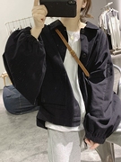 韩国蝙蝠袖外套女秋季宽松大码显瘦复古口袋棉质长袖工装上衣