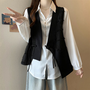 大码时尚套装女秋季新中式，国风设计盘扣，背心马甲+长袖衬衣两件套
