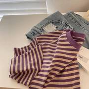 紫色条纹短袖女夏季2024宽松纯棉正肩t恤独特设计感小众上衣