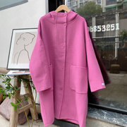 2024韩版树莓粉玫红色，连帽小个子双面，呢羊绒纯羊毛大衣外套女