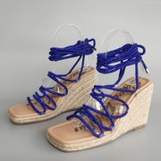 麻绳防水台坡跟凉鞋出口欧美单方头露趾水钻脚环系带时尚罗马鞋凉