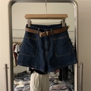 深蓝色牛仔短裤女2024夏季高腰，显瘦a字直筒裤，小个子阔腿热裤