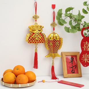 春节新年装饰品挂件年年有鱼福袋挂饰烫金，畚箕家用品布置