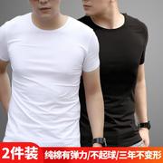 2件男士短袖t恤白色夏季莱卡棉紧身体恤，圆领修身纯色内搭打底衫男