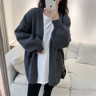 秋冬新款百搭深灰色中长款毛衣外套女宽松慵懒风软糯针织开衫厚潮
