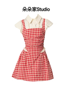 红格吊带裙假两件格子连衣裙2024抽褶显瘦甜美衬衫裙