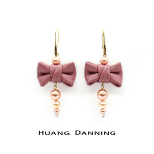 huangdanning粉红佳人系列，羊皮蝴蝶结珍珠耳环吊坠，甜蜜少女感