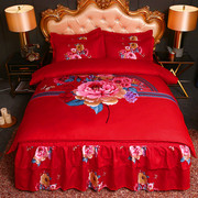 喜庆纯棉四件套n床裙款结婚大红色全棉床罩式新婚礼房被套床
