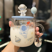 宇航员系列耐热高硼硅玻璃，水杯带盖勺把手可加热家用早餐杯燕麦杯