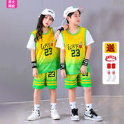 儿童篮球服假两件运动套装男童夏季中童小童小孩23号绿色渐变球衣
