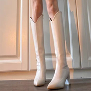 高筒靴V口白色骑士靴2023秋冬尖头高跟小个子粗跟显瘦长靴女