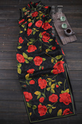 茧玥定制黑底红色玫瑰，透孔罗香云纱修身显瘦改良日常长旗袍