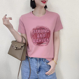 韩系字母印花t恤2024春漂亮的打底衫粉色显瘦遮肉上衣女短袖小衫