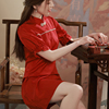 新中式短款红色旗袍年轻款显瘦a版连衣裙敬酒服日常小个子泡泡袖