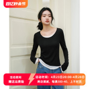 徐莫西(徐莫西)设计感天丝羊毛，黑白假两件圆领，上衣长袖t恤女内搭打底衫秋