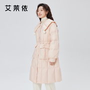 艾莱依海军大翻领羽绒服，女2023长款鸭绒，保暖时尚甜美冬季外套