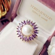 复古宫廷紫钻珍珠花朵戒指，女网红开口可调节中食指戒优雅气质指环