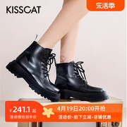 kisscat接吻猫秋冬季牛皮圆头前系带，粗跟厚底马丁靴女ka10799-50