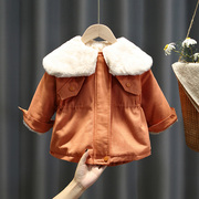女童加绒风衣外套2022冬季儿童韩版洋气宝宝，冬装大翻领棉衣服