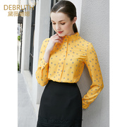 黛薇璐媤黄色小波点长袖衬衫，女春夏商务时尚气质百搭立领上衣