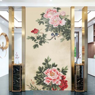 定制高端独绣刺绣无缝壁布壁画玄关牡丹花鸟客厅走廊现代中式
