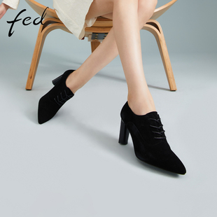 fed黑色裸靴2023年春季女鞋，系带单鞋粗跟高跟鞋r0213-zfa003