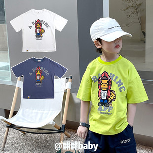 22春夏季日系潮卡通猴子反光纯棉男儿中童装休闲圆领短袖T恤