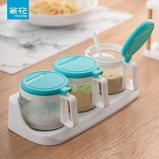 茶花塑料厨房用品欧式调味罐套装，送架勺调料盒，厨房用品盐罐瓶家用