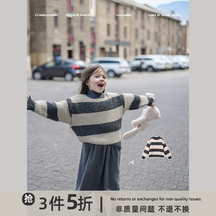 史豌豆(史豌豆)女童毛衣，2023冬季加厚半高领，宽条纹打底衫宝宝保暖上衣