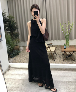 2024夏季韩版黑色镂空针织半身裙系带背心上衣女时尚长裙两件套