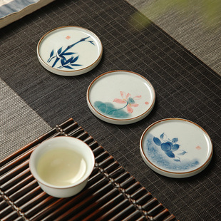 复古青花茶杯垫托日式手绘杯托陶瓷，茶垫隔热茶托功夫茶道茶具配件