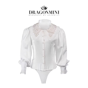 DRAGONMINI法式娃娃领珍珠套装泡泡袖宫廷风蕾丝白色衬衫套装