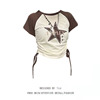 美式复古星星撞色插肩短袖T恤女夏2023大码设计感绑带短款上衣潮