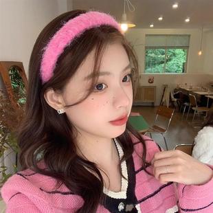 韩国时尚玫粉色羊绒发箍头饰甜美百搭高颅顶毛绒头箍发卡外出发饰