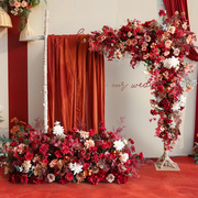 红色婚礼花艺结婚拱门三角，花迎宾拍照区背景，花卉布场套装仿真绢花