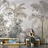 欧式复古壁纸手绘中世纪热带雨林壁画沙发背景，墙布芭蕉叶餐厅墙纸