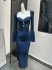 蓝色复古针织连衣裙女秋冬季长裙，富家千金气质，法式赫本风礼服裙子