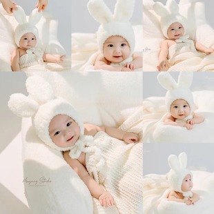 宝宝拍照道具婴儿兔耳朵，帽子秋冬毛线，手工编织保暖帽百天照服装