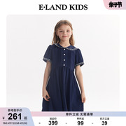 eland Kids衣恋童装夏季女童复古海军风雪纺风琴褶短袖公主连衣裙