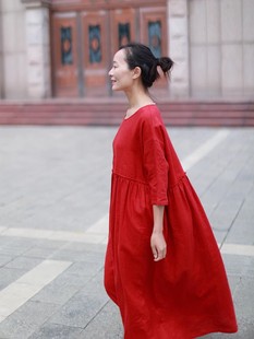 彩虹--红/小素原创设计夏 亚麻红色袍子宽松显瘦旅行长款连衣裙JJ