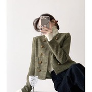 欧货绿色小香风外套，高级感2023春秋韩式法式短款小个子呢西装